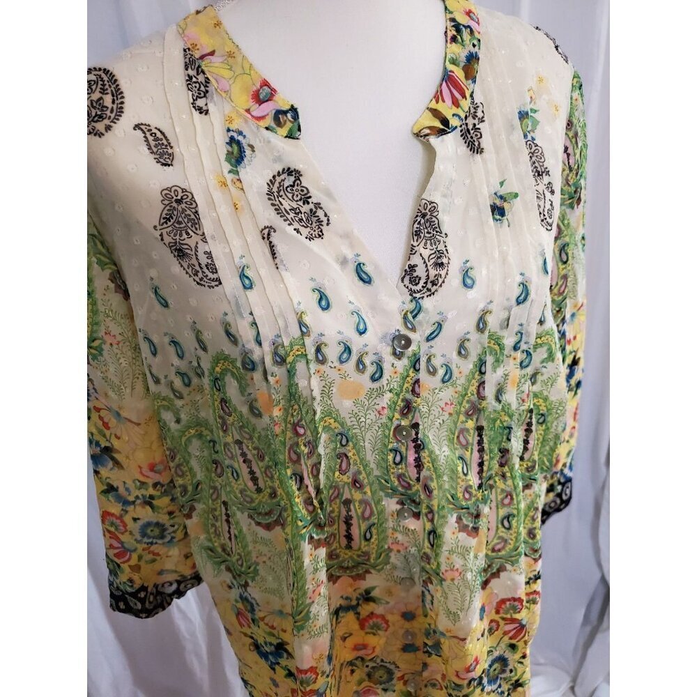 Anthropologie Figueroa & Flower Blouse Top 2XL Boho Tunic Button Up Sheer Floral - Picture 2 of 16